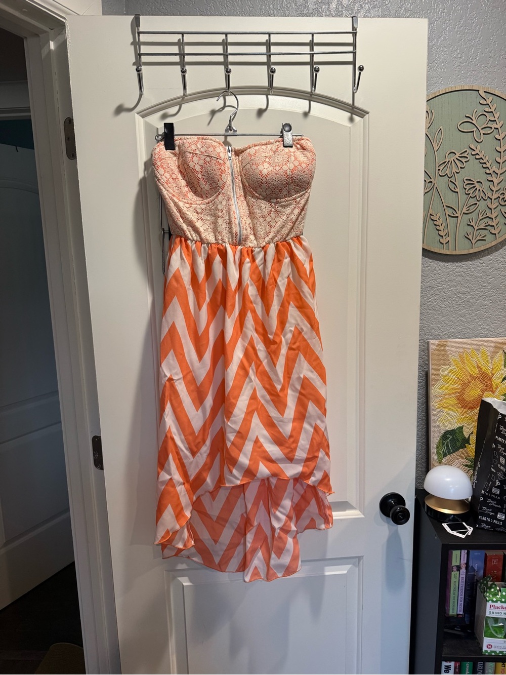 Miss Chievous Orange and Cream Strapless Chevron High-Low Dress